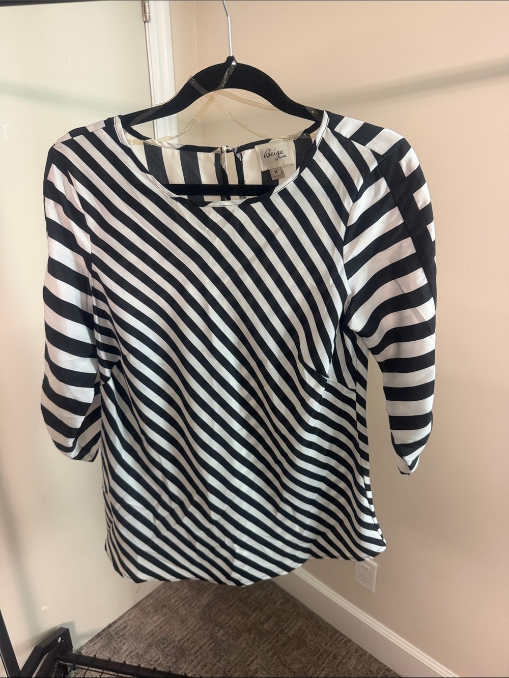 Beige by eci Black and White Diagonal Striped Blouse